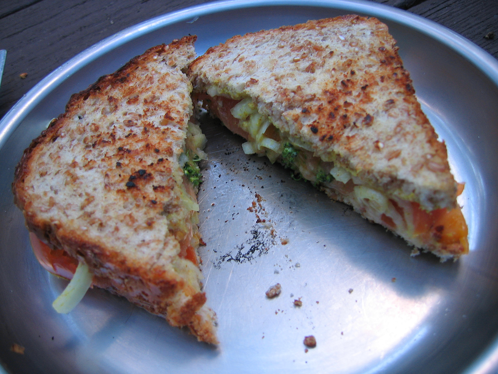 Making a grilled cheese sandwich on an MSR Pocket Rocket camp stove
