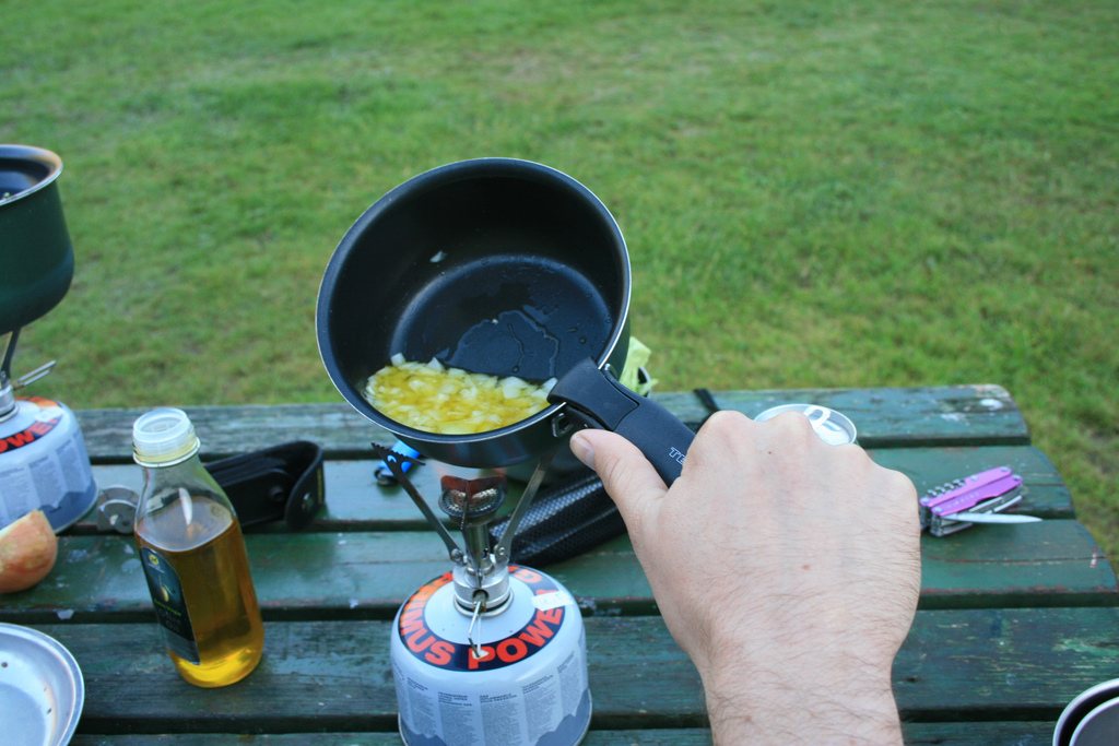 Frying onions on an MSR Pocket Rocket camp stove
