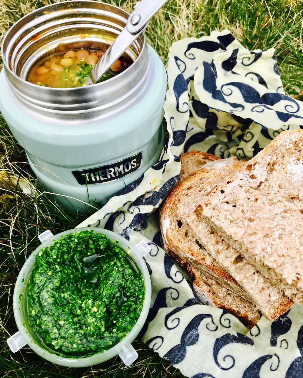 Thermos Food Flask Soup: Lentil Ragu with Wild Garlic Pesto and Sourdough Bread