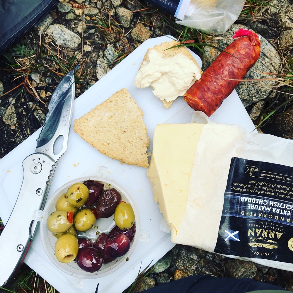 Backpacking mezze on the Skye Trail: oatcakes, olives, cheese, charcuterie.