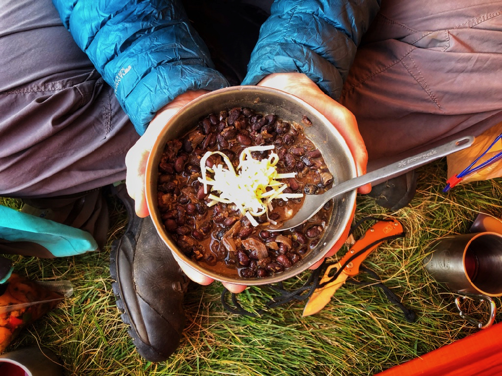 Refried black beans (dehydrated, then rehydrated at camp)