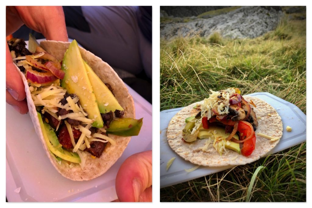 Tent tacos featuring portobello mushroom fajitas, refried black beans, avocado and cheddar