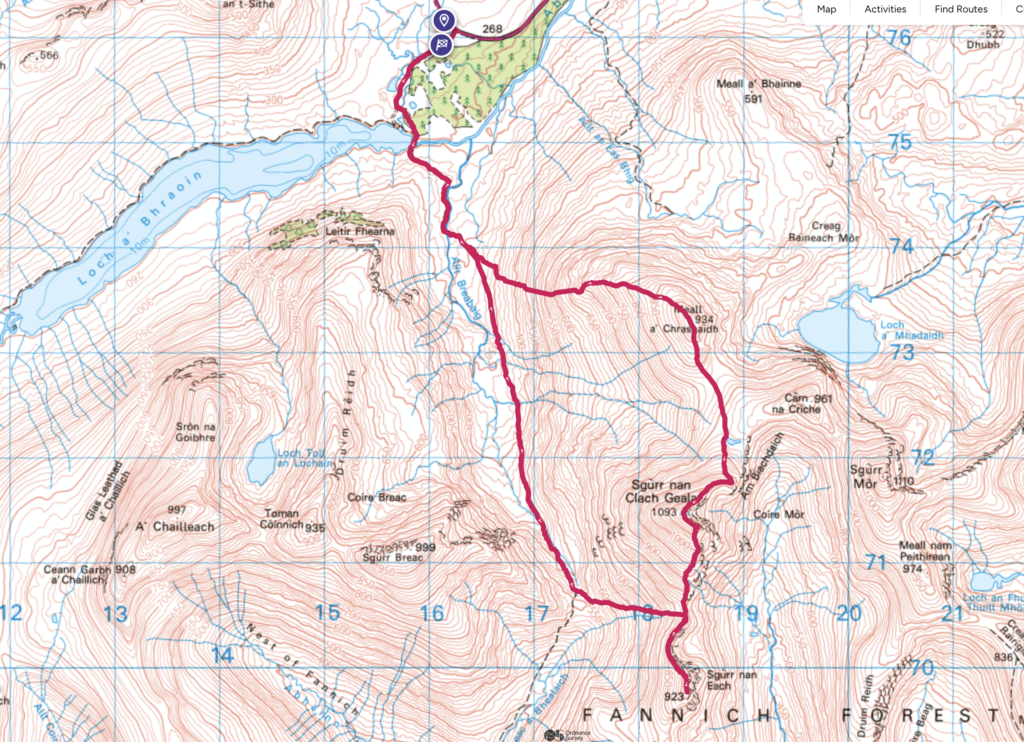 Fannichs Munros Map: Meall a' Chrasgaidh, Sgùrr nan Clach Geala, and Sgùrr nan Each.