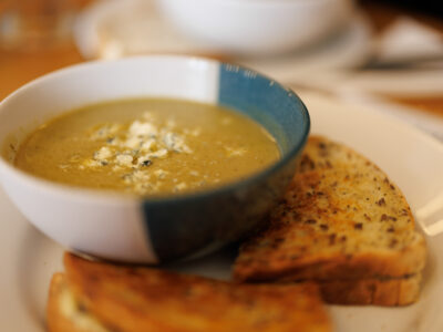 Driftwood Cafe's broccoli soup with stilton and a haggis and cheese toastie with onion chutney - delicious!
