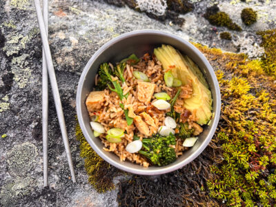 This was so good – kimchi rice and tofu with avocado and spring onions.
