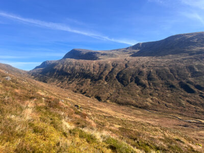Hedaing steeply downhill towards the excellent track through Bealach Dubh.