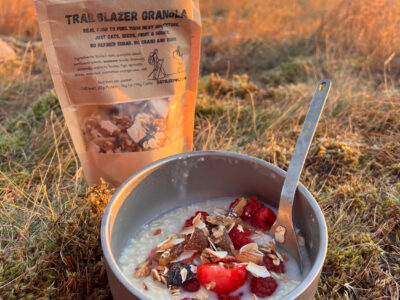 Breakfast fuel: porridge AND granola, plus some fresh berries I stashed.
